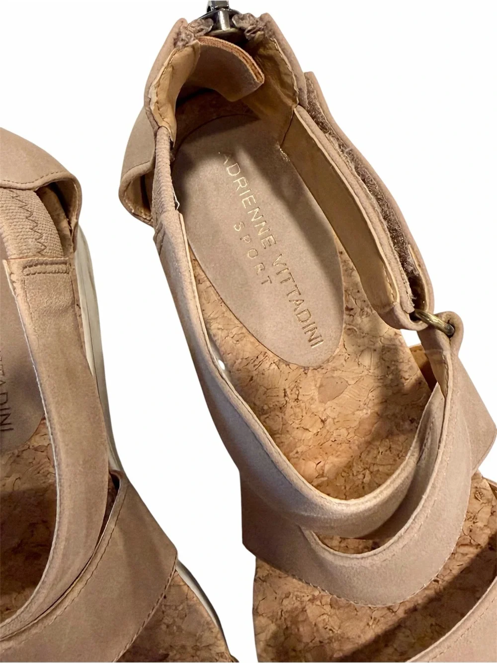Adrienne Vittadini Taupe Crisscross Cork Wedge Sandals - Size: 7